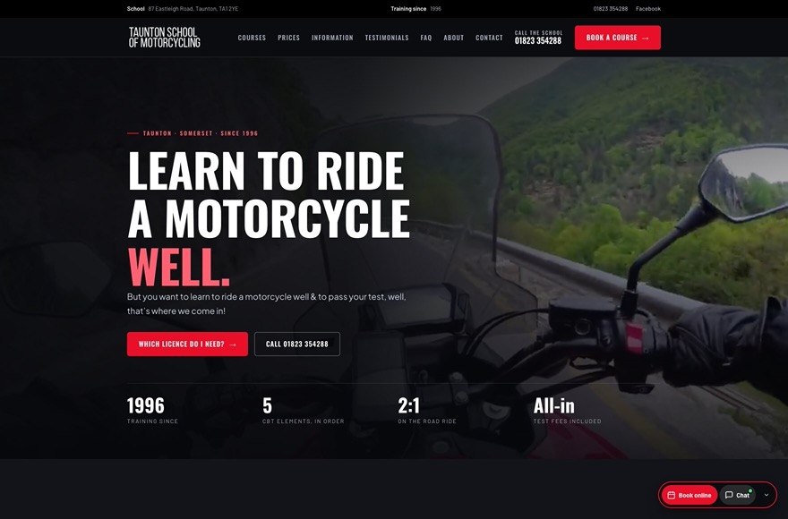 Taunton School of Motorcycling website designed and built by Mediatopia