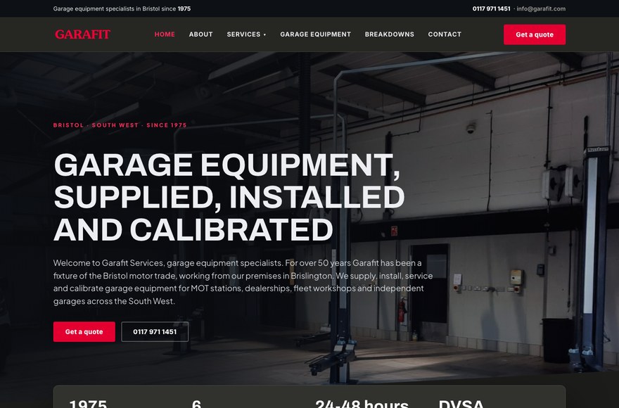 Garafit Services garage equipment website by Mediatopia web development Bristol
