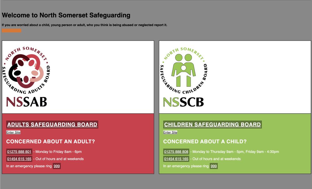 North Somerset Safeguarding intro page routing visitors to the children's or adults' board