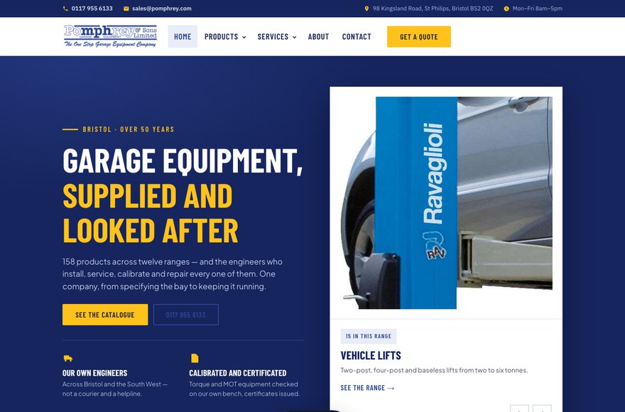 Pomphrey and Sons garage equipment e-commerce by Mediatopia since 2010