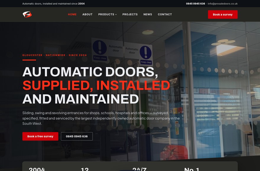 ProSale automatic doors website designed by Mediatopia web development Bristol