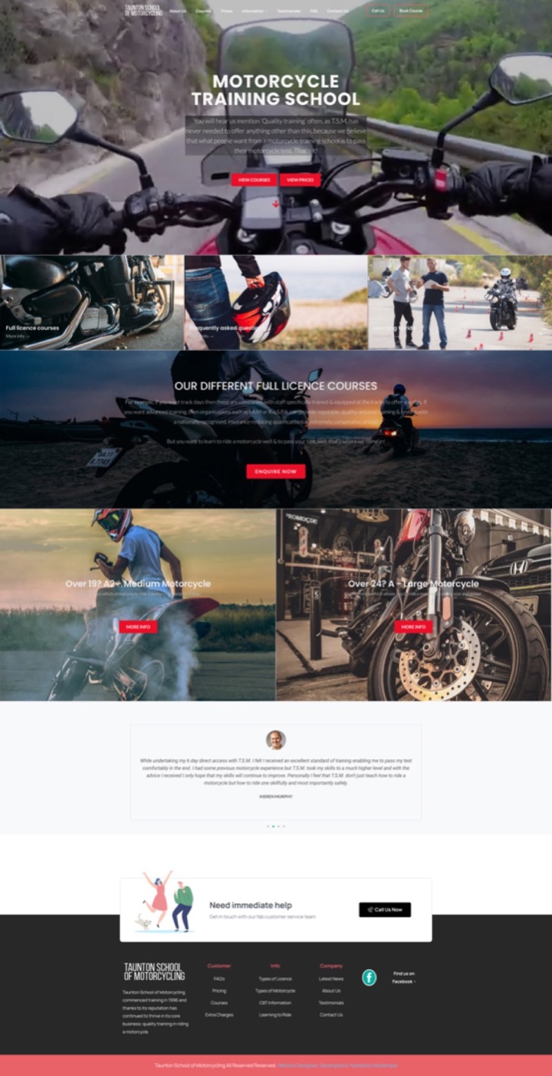 Taunton School of Motorcycling website designed and built by Mediatopia