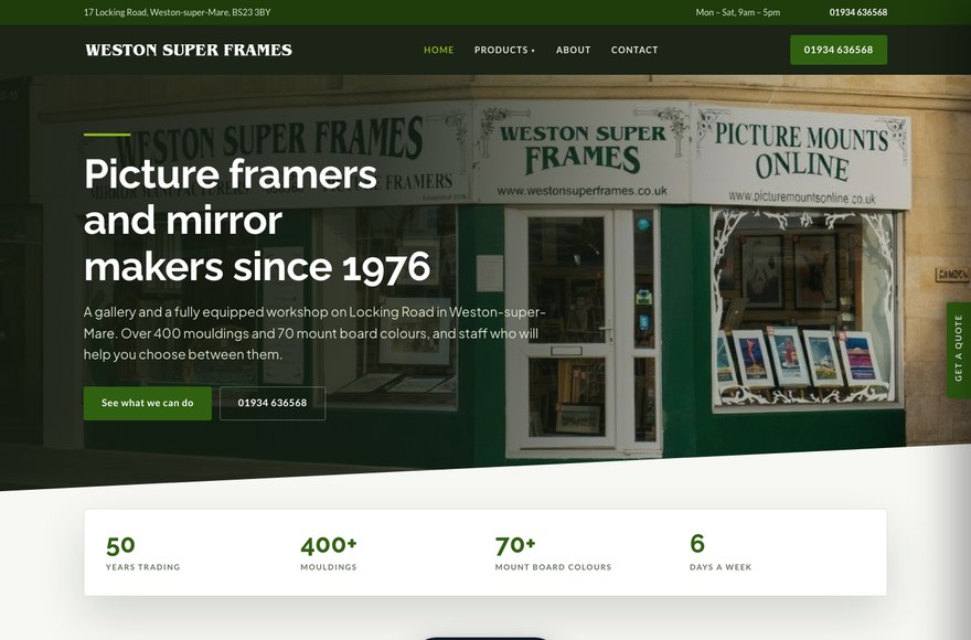 Weston Super Frames picture framing website designed by Mediatopia